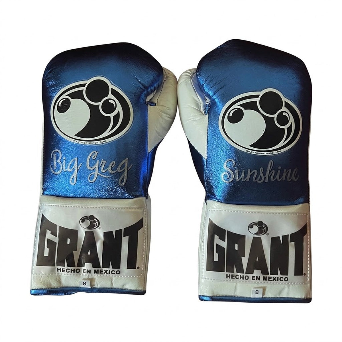 Grant boxing gloves in metallic navy with white palm, silver cuff patch and sample Big Greg script print - side view