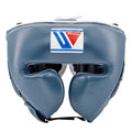 Winning boxing headgear in muted slate blue-gray with padded cheek protectors, three-quarter angle