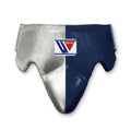 Winning groin protector split into a deep navy half and a metallic silver half, with a wide waistband