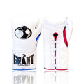 Grant all-white lace-up boxing gloves with a red inner thumb and blue cuff trim