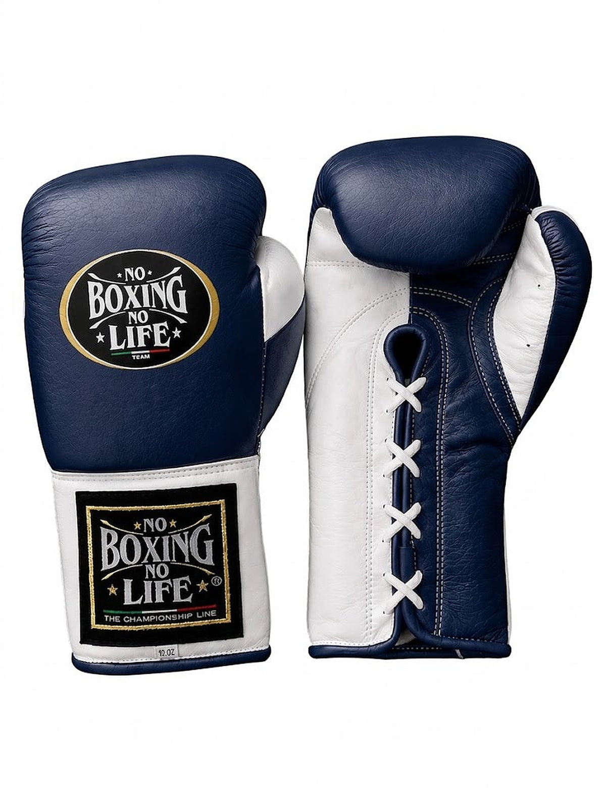 No Boxing No Life navy blue lace-up boxing gloves with white palm and white laces