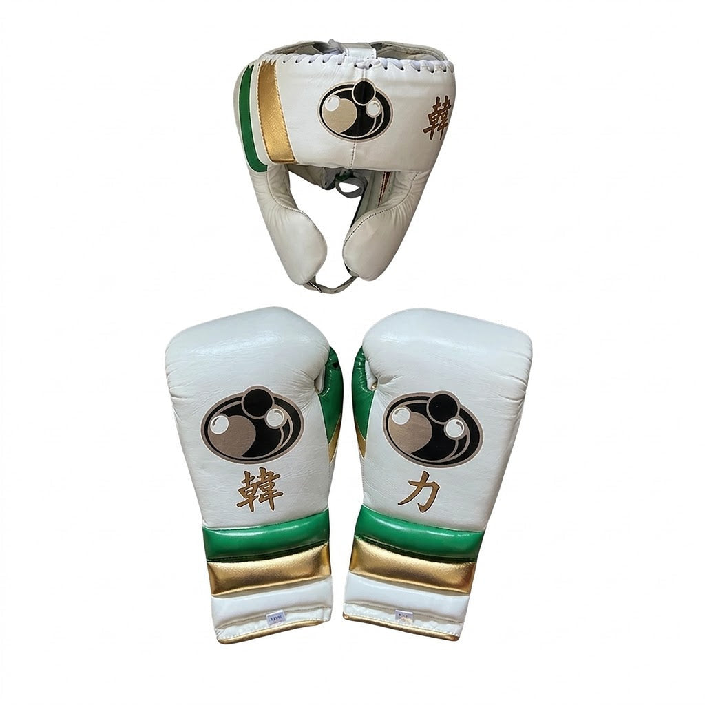 Grant white lace-up gloves and headgear with gold and green trim and a decorative character print