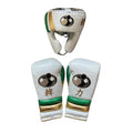 Grant white lace-up gloves and headgear with gold and green trim and a decorative character print