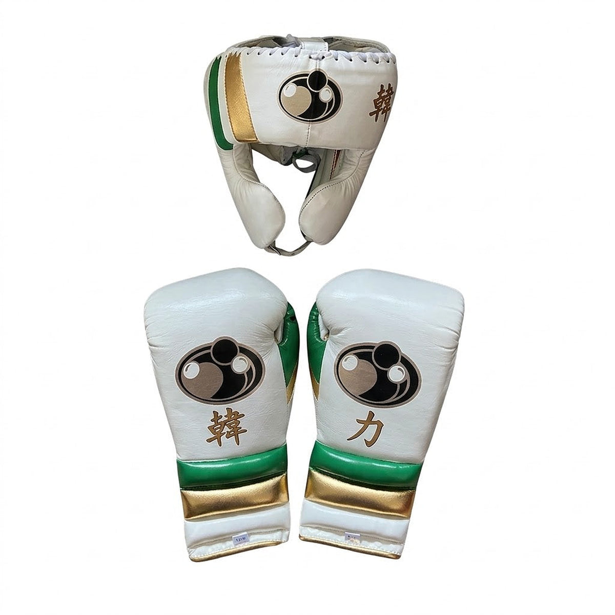Grant white lace-up gloves and headgear with gold and green trim and a decorative character print