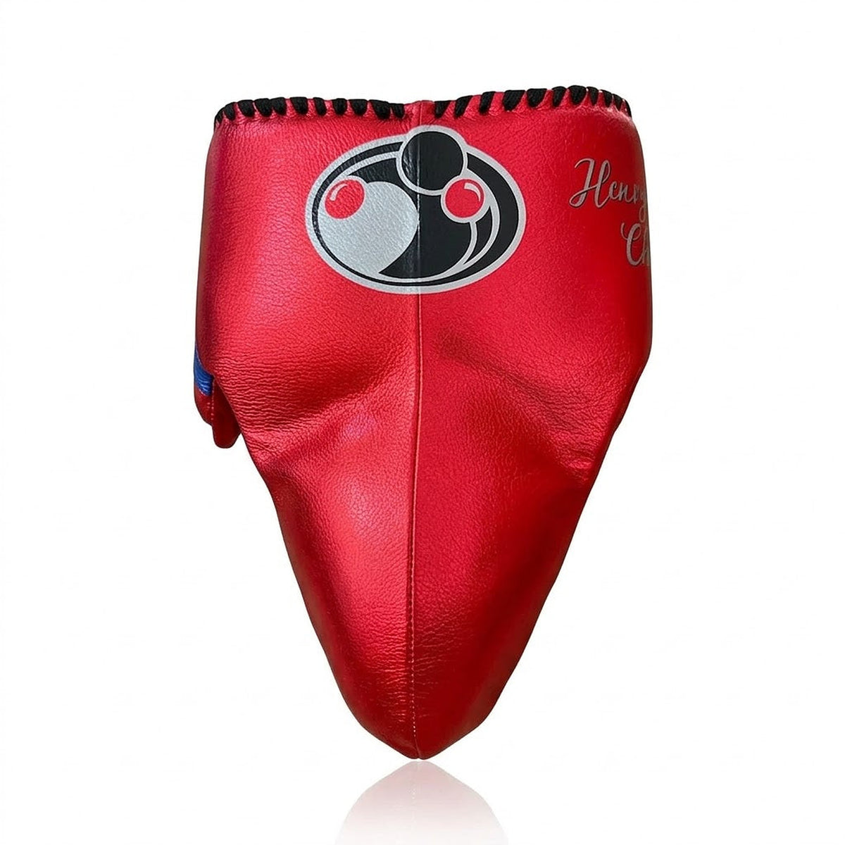 Grant metallic red lace-up gloves, headgear and groin guard with white and blue stripes - palm and closure detail