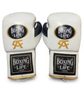 No Boxing No Life white lace-up boxing gloves with black cuff patch and gold monogram detail
