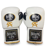 No Boxing No Life White Gloves, Black Cuff Patch and Gold Monogram