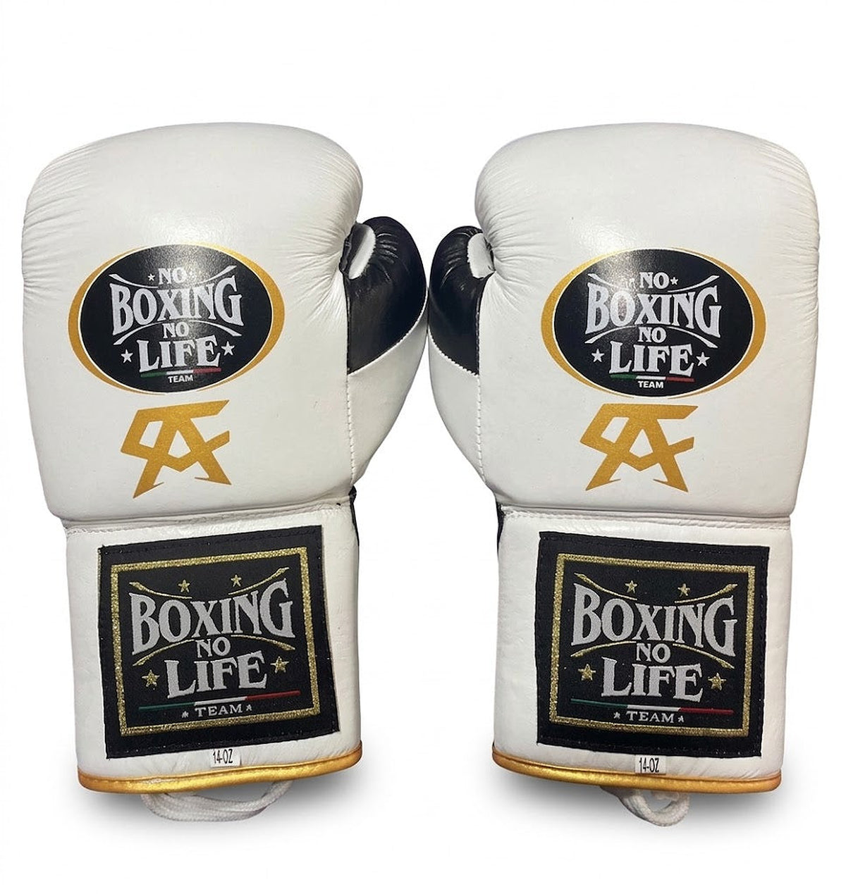 No Boxing No Life white lace-up boxing gloves with black cuff patch and gold monogram detail