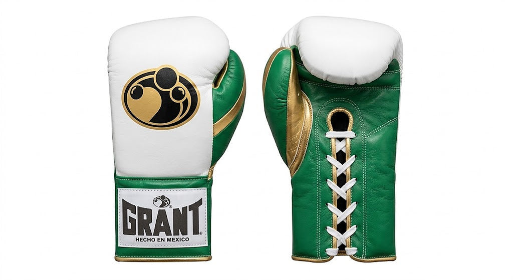 Small-size Grant boxing glove with white back and green palm, shown in lace-up style