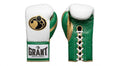 Small-size Grant boxing glove with white back and green palm, shown in lace-up style