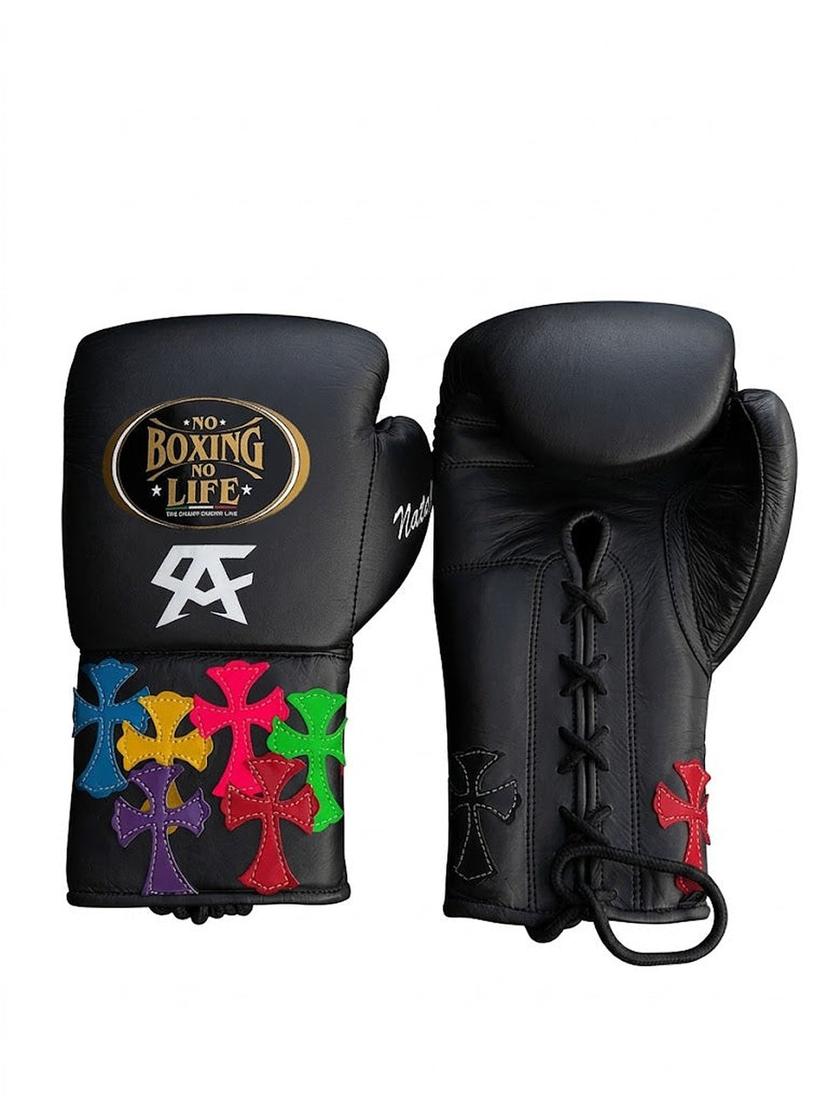 No Boxing No Life black lace-up gloves with multicolor cross patches on the cuff and white monogram