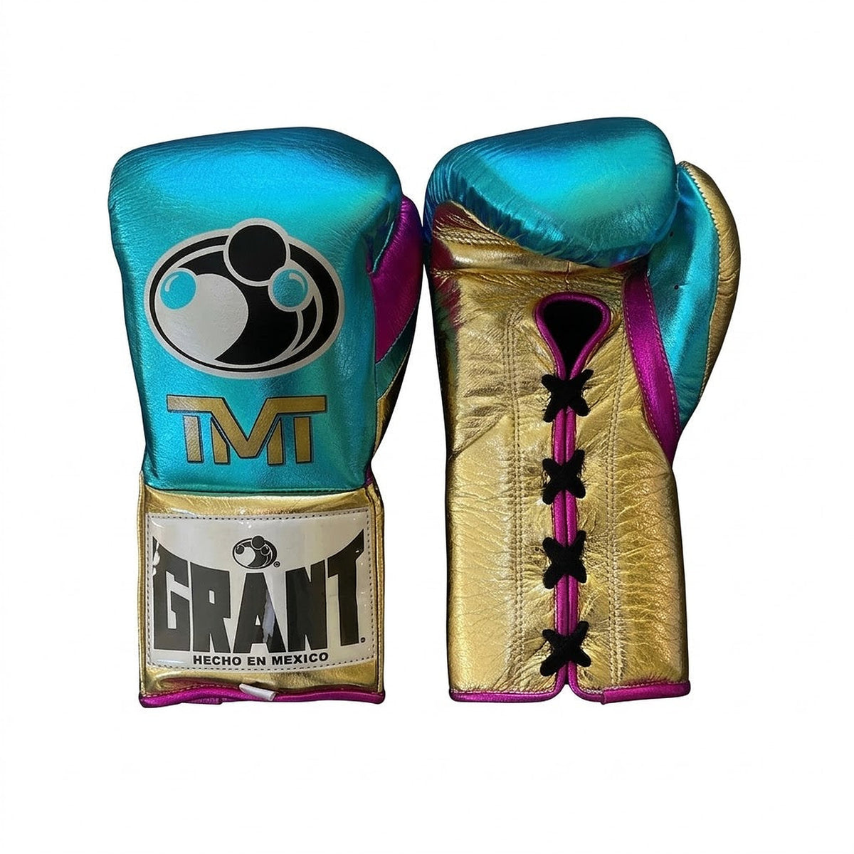 Grant metallic turquoise lace-up gloves with gold palms, matching headgear and groin guard with purple trim - side view