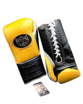 No Boxing No Life yellow lace-up boxing gloves with black palm and white laces at the wrist