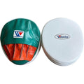 Winning curved focus mitts with white striking face, green back panel and orange hand grip, as a pair