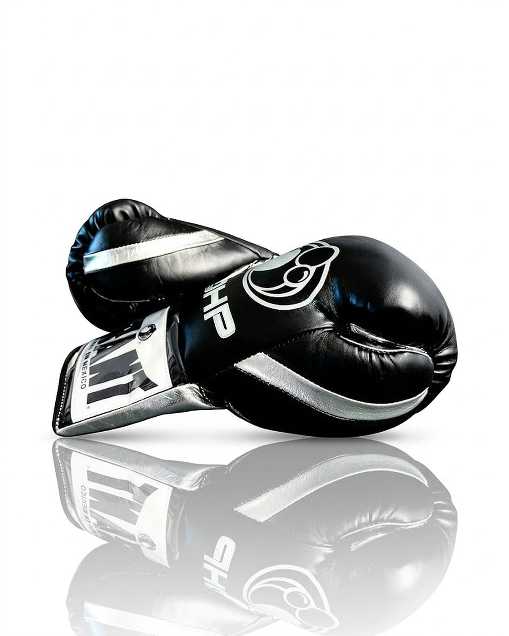 Grant boxing gloves with black back and chrome silver palm, black laces and sample DHP name print - side view