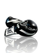 Grant boxing gloves with black back and chrome silver palm, black laces and sample DHP name print - side view