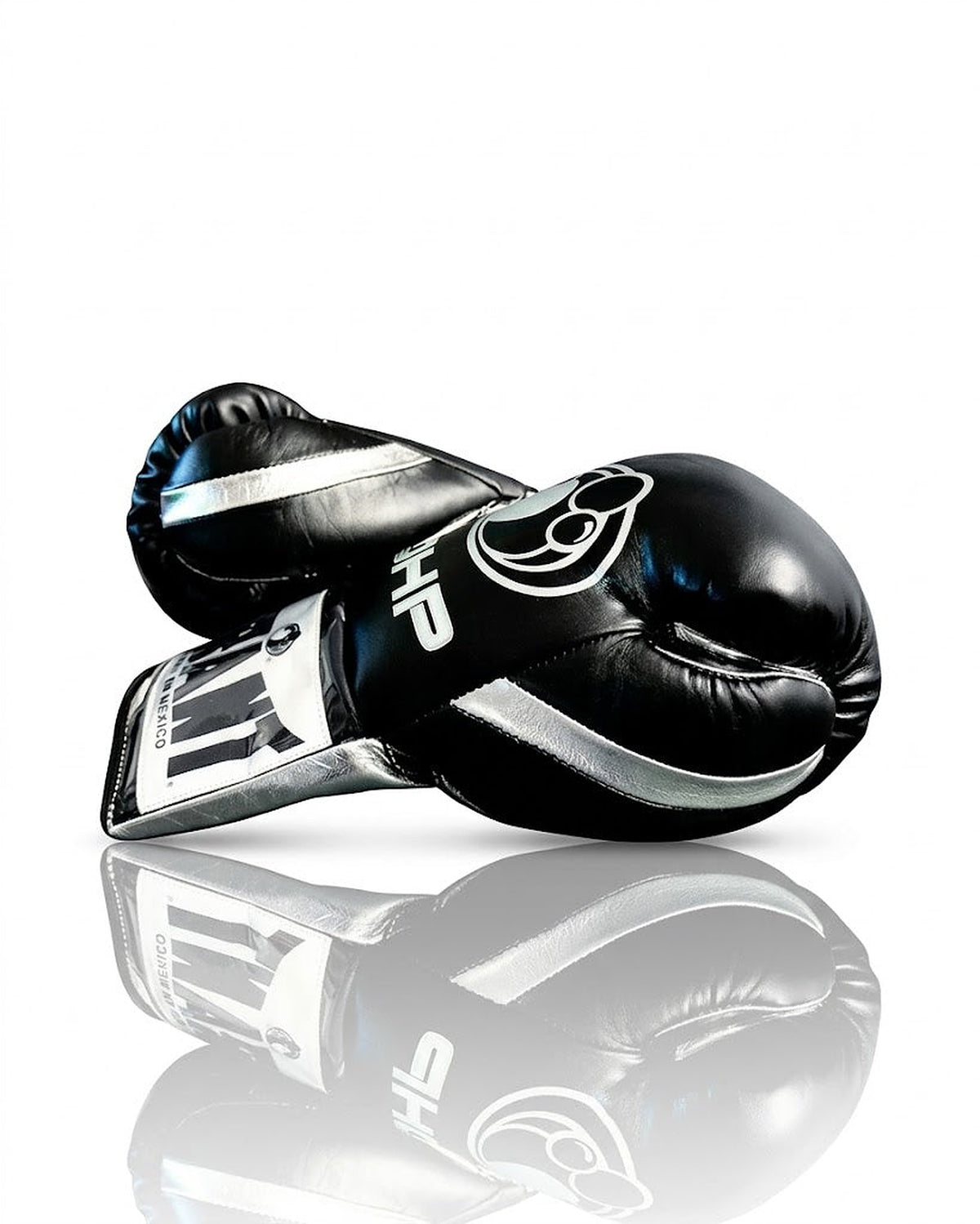 Grant boxing gloves with black back and chrome silver palm, black laces and sample DHP name print - side view