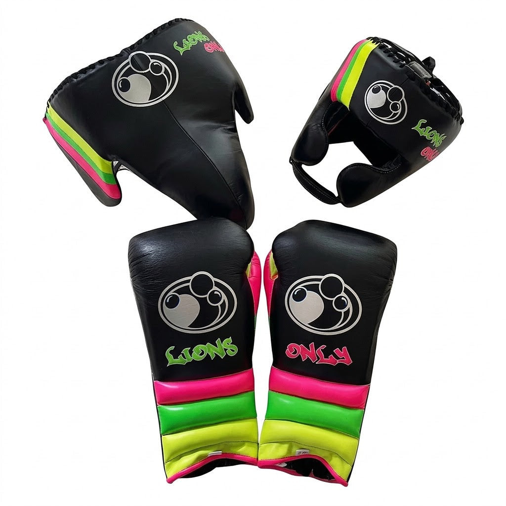 Grant black lace-up boxing gloves, headgear and groin guard with neon pink and lime green cuff stripes