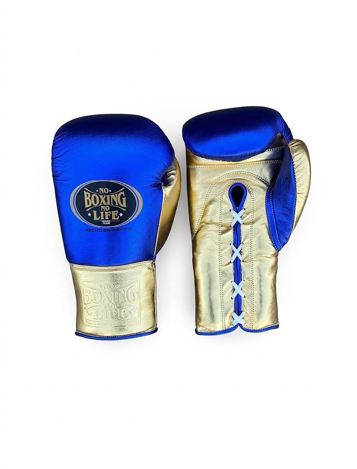 No Boxing No Life lace-up gloves with metallic royal blue back, gold palm and gold cuff - side view