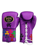 No Boxing No Life purple lace-up boxing gloves with multicolor cross patches and black monogram on cuff