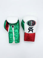 No Boxing No Life tricolor lace-up boxing gloves with white, red and green color-blocked panels - side view