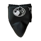 Grant all-black lace-up boxing gloves, black headgear and black groin guard as a complete set - palm and closure detail
