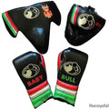 Grant black lace-up gloves, headgear and groin guard with green, white and red cuffs and BABY BULL sample print