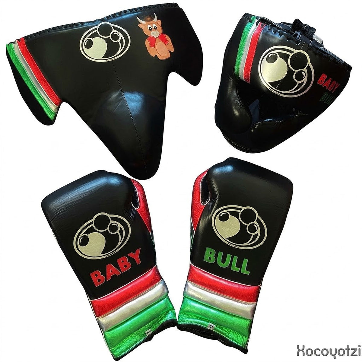 Grant black lace-up gloves, headgear and groin guard with green, white and red cuffs and BABY BULL sample print