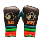 Grant brown lace-up boxing gloves, headgear and groin guard with orange, green and red striped cuffs - side view