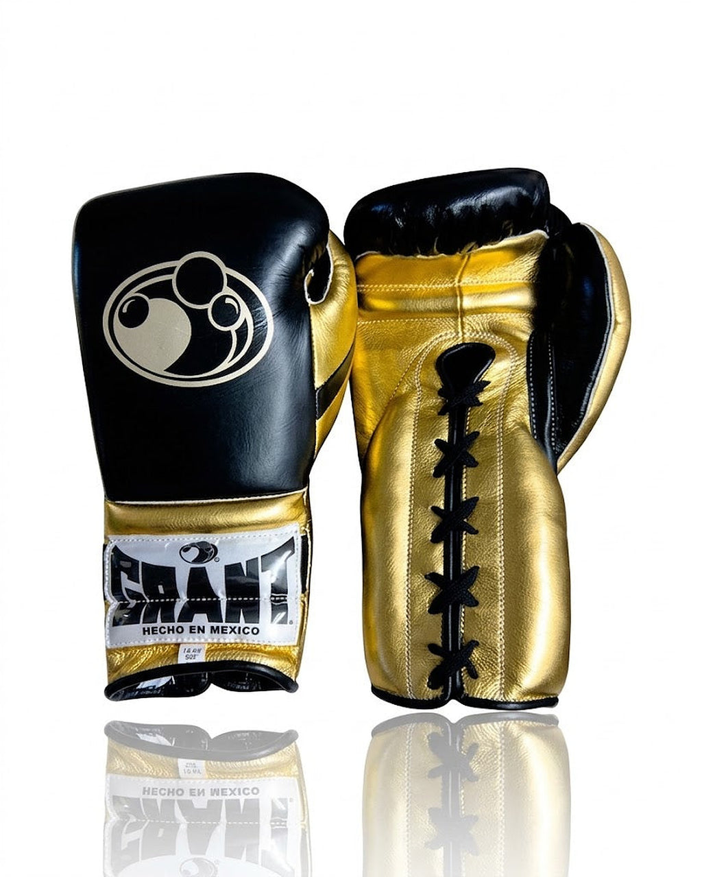Grant black and metallic gold two-tone boxing gloves with black laces on gold palm and gold cuff logo patch
