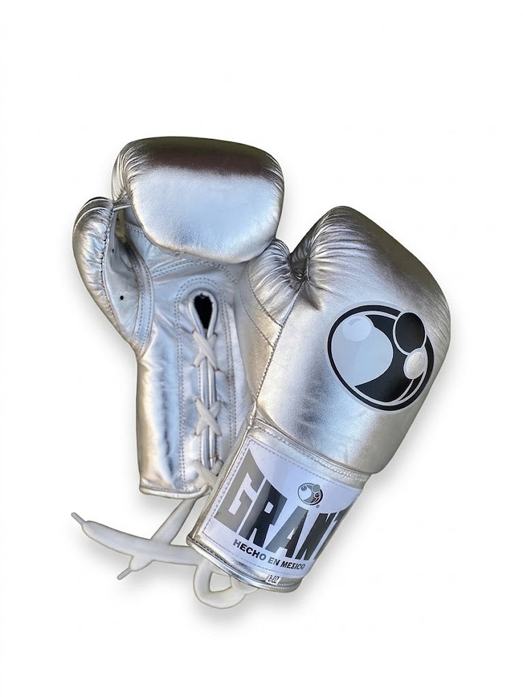 Grant lace-up boxing gloves in full chrome-silver metallic finish with white laces - palm and closure detail