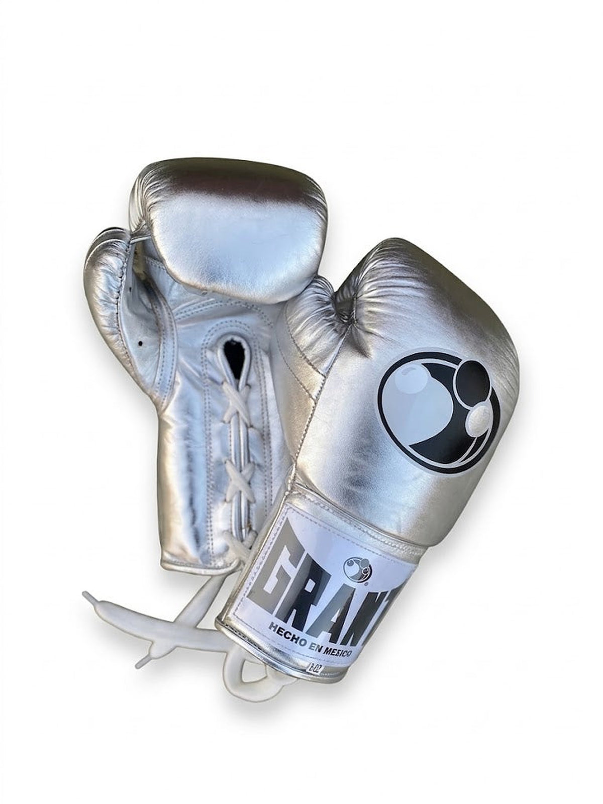 Grant lace-up boxing gloves in full chrome-silver metallic finish with white laces - palm and closure detail