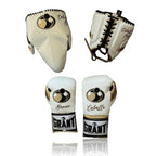 Grant cream white lace-up gloves, headgear and groin guard with gold script sample names on each piece