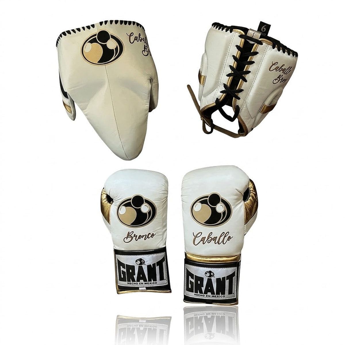 Grant cream white lace-up gloves, headgear and groin guard with gold script sample names on each piece