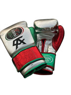 No Boxing No Life metallic silver Velcro gloves with green, white and red cuff and black monogram - close-up of logo and cuff