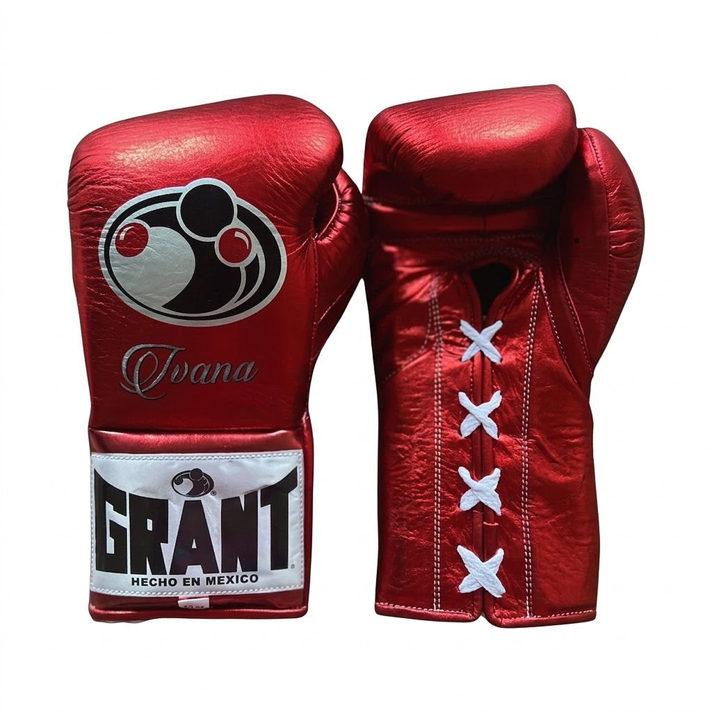 Grant gloves in all-over metallic red with white laces and a sample script name print on the back