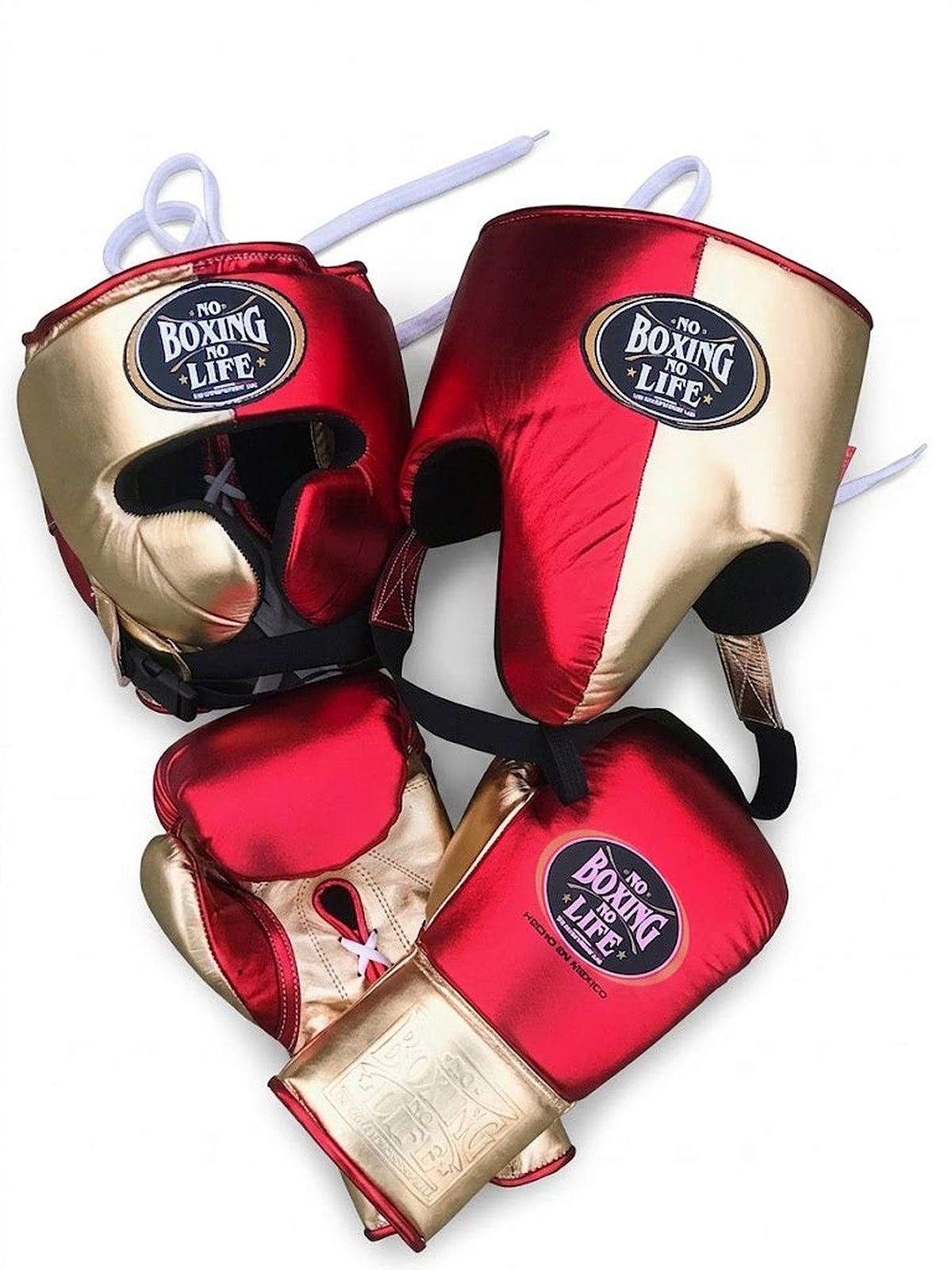 No Boxing No Life lace-up boxing set split metallic red and champagne gold, gloves, headgear and cup