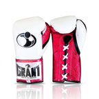 Grant white lace-up boxing gloves with hot pink palm and pink accents around the cuff - side view