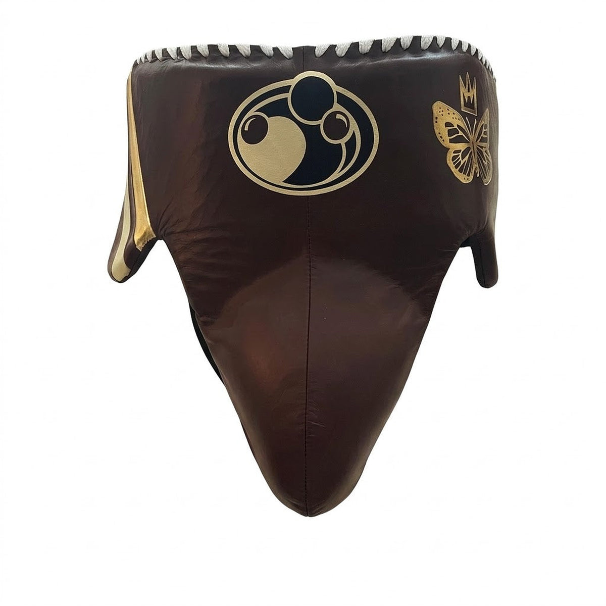 Grant brown lace-up boxing gloves with gold palms beside matching brown headgear and brown groin guard - side view