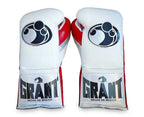 Grant boxing gloves with white back, red palm and white laces running down the palm, lace-up style - side view