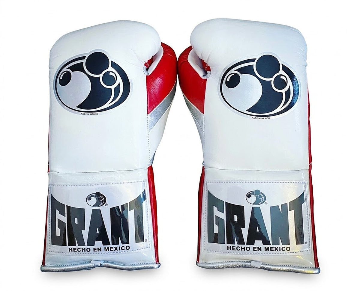 Grant boxing gloves with white back, red palm and white laces running down the palm, lace-up style - side view