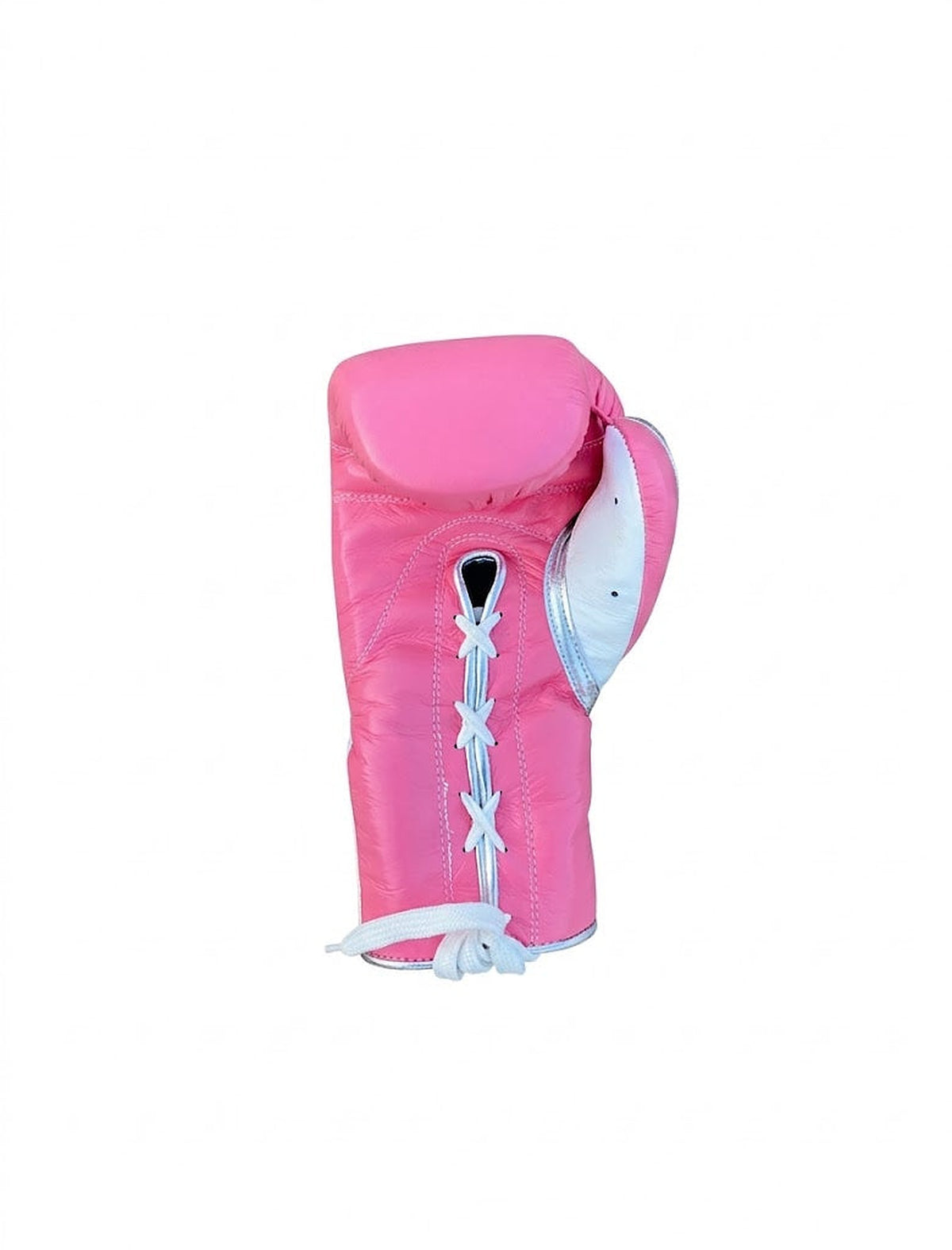 Grant pink lace-up boxing gloves with white palm and matching pink laces down the center - palm and closure detail
