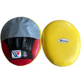 Winning curved punch mitts with yellow striking face, gray top band and red and black hand grip, pair