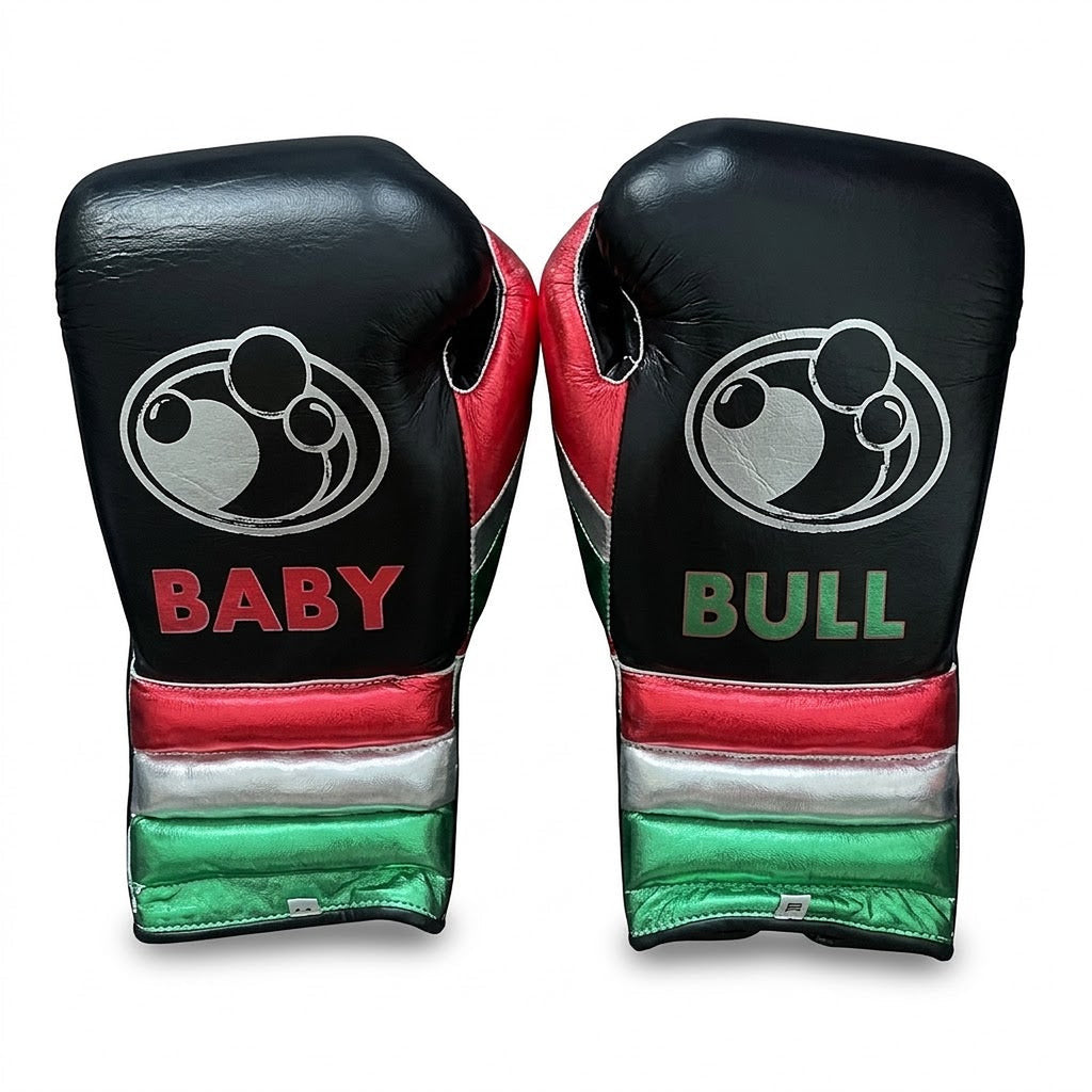 Grant black lace-up gloves, headgear and groin guard with green, white and red tricolor cuffs - side view