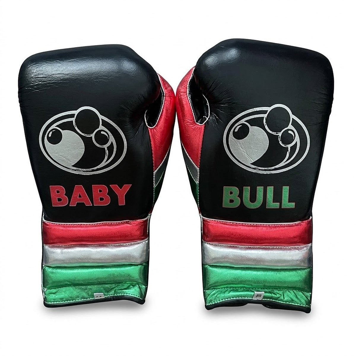 Grant black lace-up gloves, headgear and groin guard with green, white and red tricolor cuffs - side view