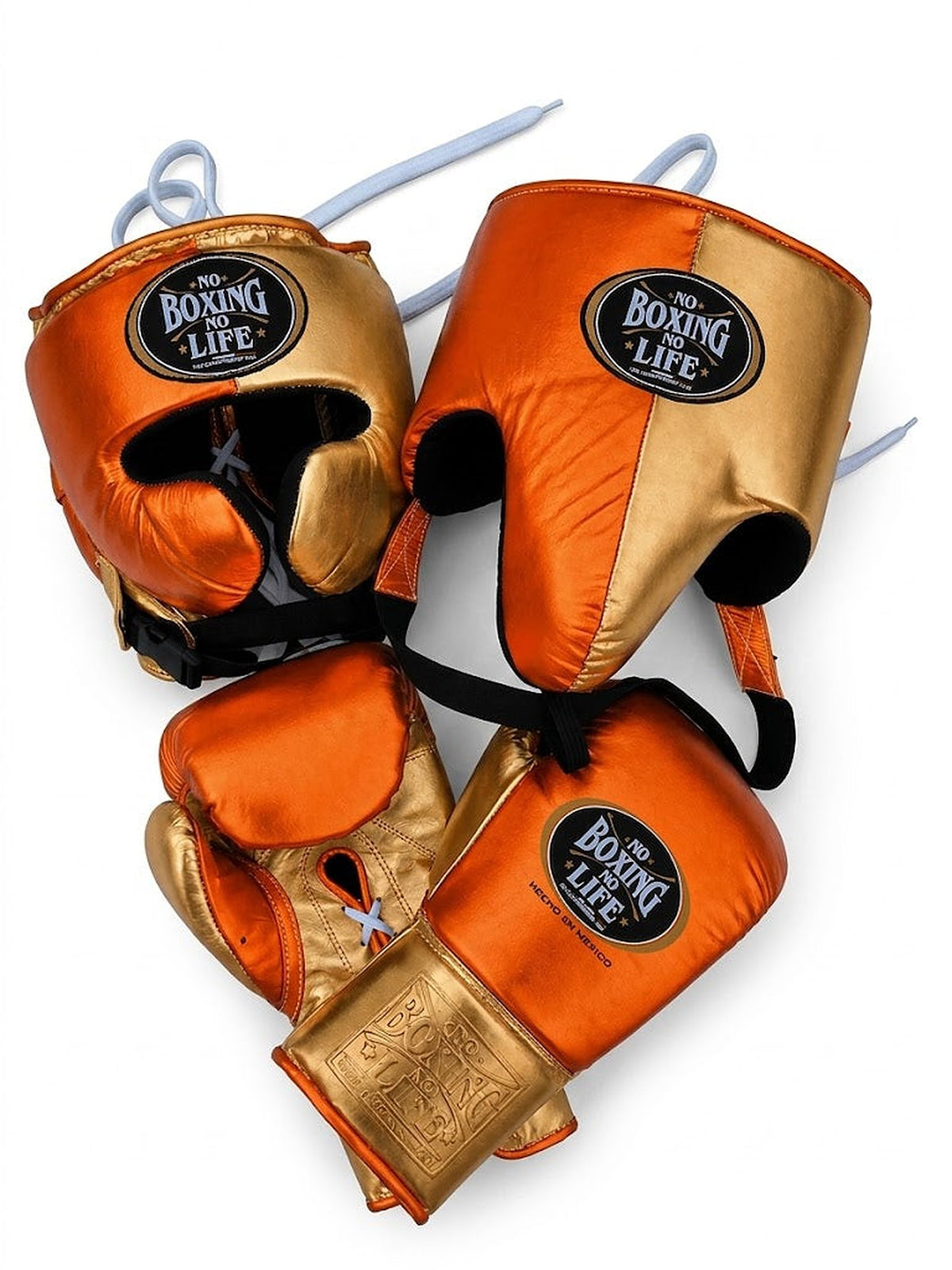 No Boxing No Life boxing set split metallic orange and gold, lace-up gloves, headgear and groin guard
