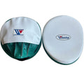Winning curved focus mitts with pale blue-white striking face and teal hand grip, shown as a pair