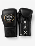No Boxing No Life all-black lace-up boxing gloves with white laces and a clean minimalist finish