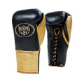 No Boxing No Life lace-up boxing gloves with black back, gold palm, gold cuff and gold laces