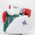 Winning white, green and red tricolor boxing set with lace-up gloves, headgear and groin guard
